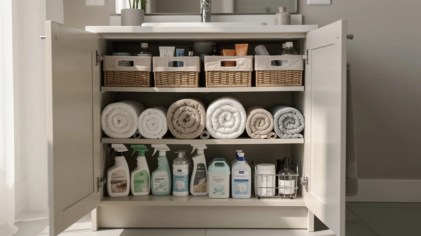 Be117ef71fe44e9d8cf8b08e2a992479 The image shows an open bathroom vanity cabinet featuring neatly organized baskets filled with rolled towels and various cleaning supplies on the shelves This small bathroom storage solution maximizes space while providing easy access to essential items