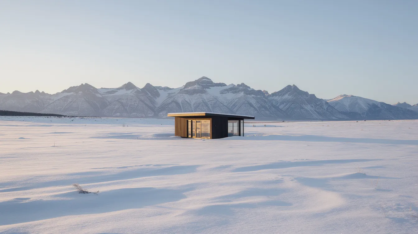 Be190a197f6b4887b54128e75b76ac3c A cozy tiny home sits on a wide open prairie surrounded by the stunning backdrop of mountains under a clear winter sky This scene exemplifies the beauty of tiny house living in Wyoming showcasing the simplicity and charm of sustainable living in nature