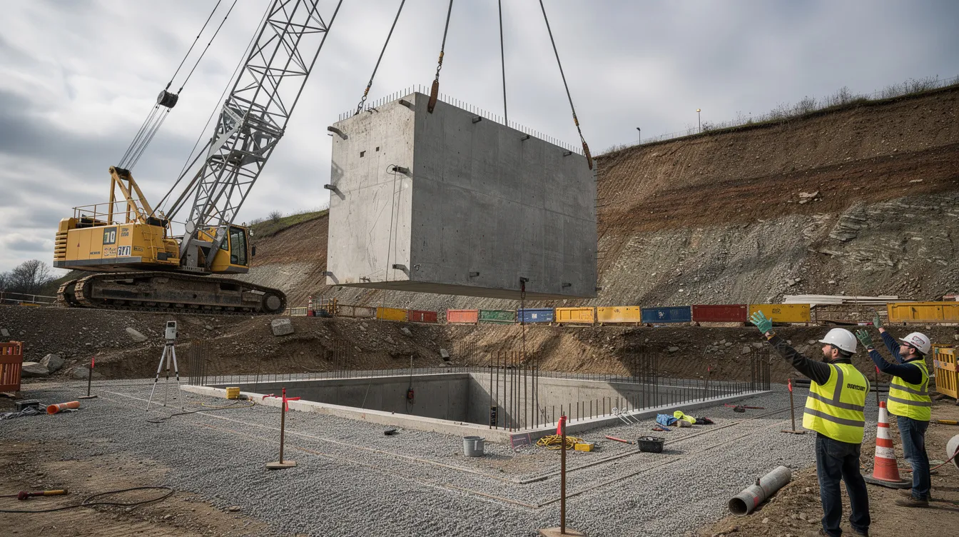 Be33db50c3a54de1b6e231022673d679 A large reinforced concrete vault module is being carefully lowered by a crane into an excavated hillside site showcasing the process of earth sheltered construction This earth sheltered home will utilize the natural environment to enhance energy efficiency and thermal mass providing a sustainable living space