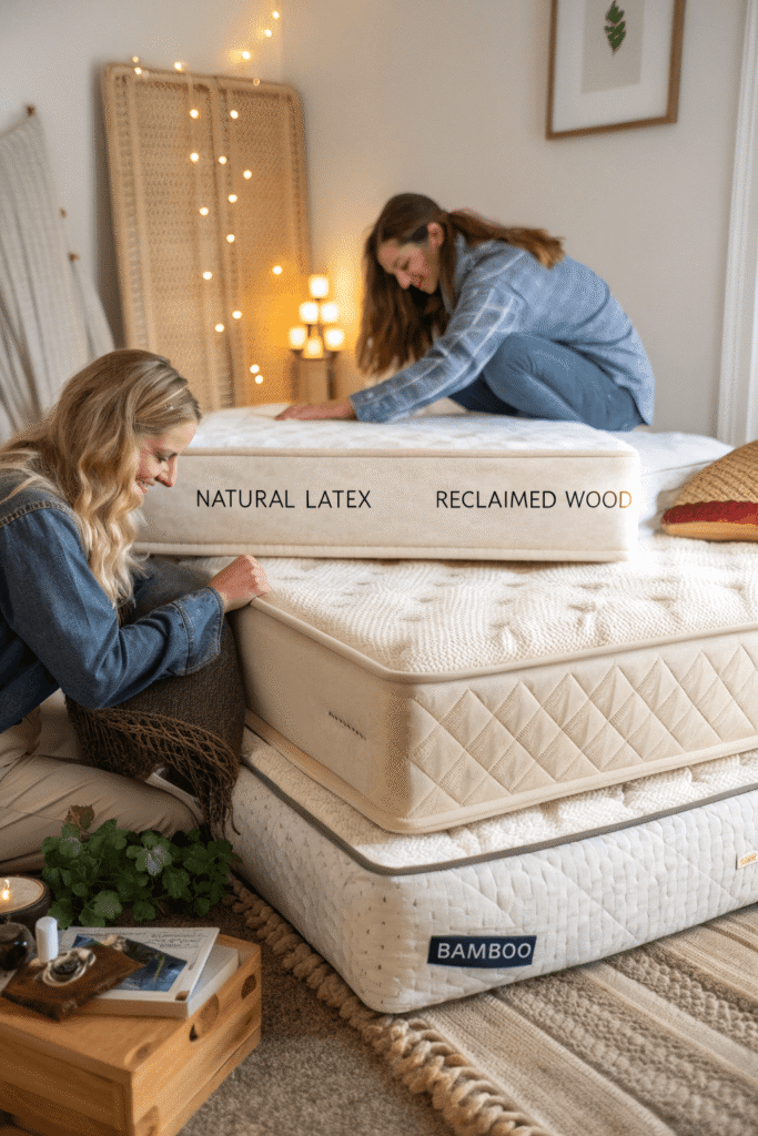 A collage of different eco friendly bed materials including natural latex reclaimed wood and bamboo Each material is labeled showcasing their sustainable and stylish qualities