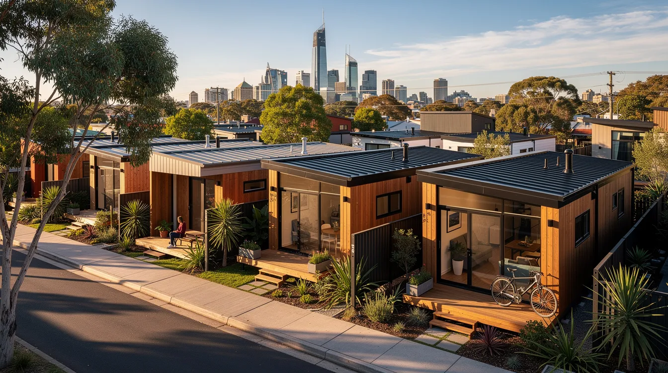C04f1e61e4b0478795881eaf134feacf The image showcases a collection of absolutely stunning tiny houses in Melbourne nestled within a peaceful tiny home community Each tiny home features a charming front door and is designed to maximize space offering residents an ideal living experience in this vibrant Australian city