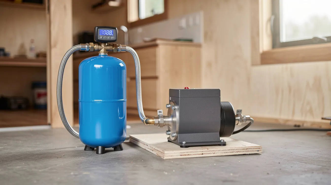 C22bd29ece1240e2b6bc1e16c70ae71a The image shows a compact water pump designed for a tiny house featuring a system of pipes and valves for efficient water flow It is connected to a water storage tank and includes a garden hose attachment making it suitable for various tasks like washing dishes and providing pressurized water for a shower