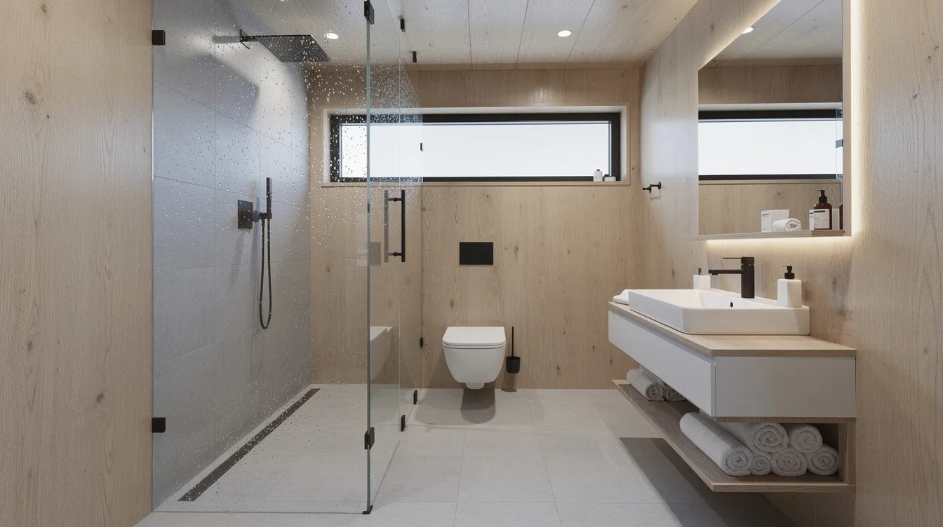 C308ba819e6749bba6a7cdf4159ce88f The image depicts a tiny house wet bathroom featuring a glass corner shower and a small sink designed to maximize space with ample storage options like floating shelves Natural light floods the entire room highlighting the efficient layout that includes a composting toilet and a stylish vanity making it a perfect solution for small bathrooms