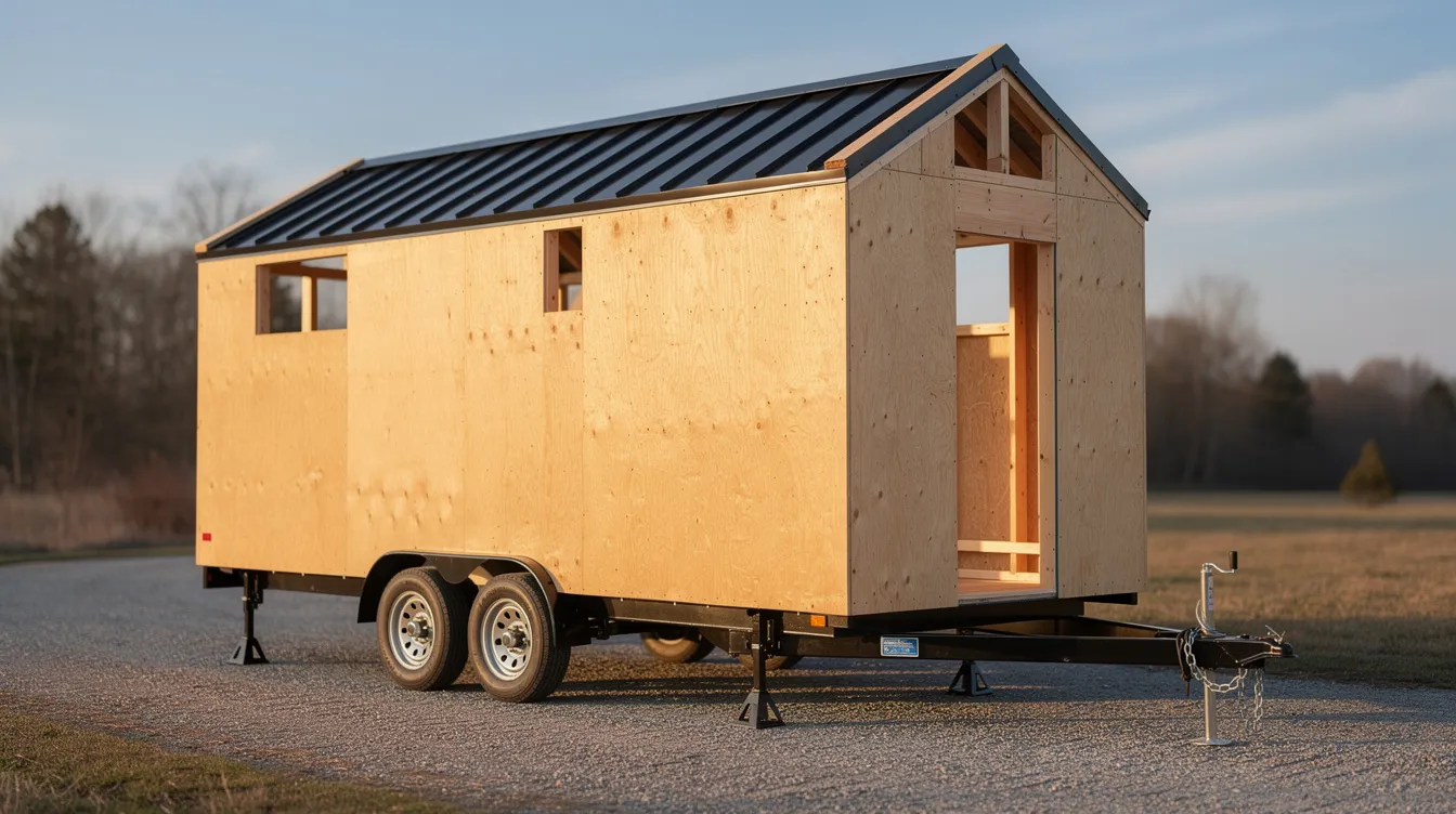 C35d23a3d4004b2191965571e8620cfc The image shows a tiny house shell on a trailer featuring a basic frame and exterior siding ready for customization This tiny home is designed for easy transport highlighting the fun part of planning and building your own unique living space