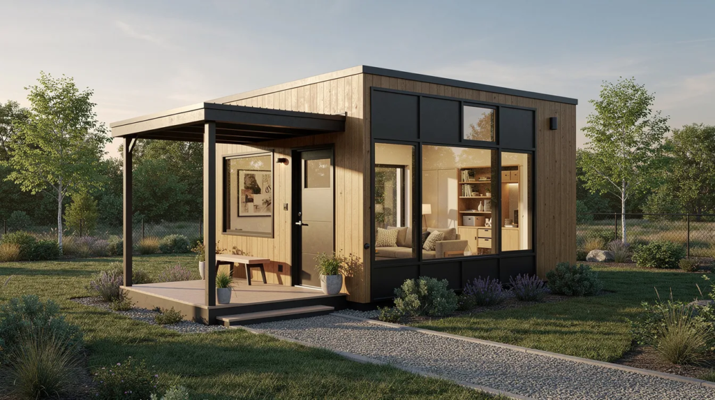 C44e1b87a57445029bf171399d7d4f701 Modern tiny house with wood siding and large black framed windows in a landscaped yard at sunset