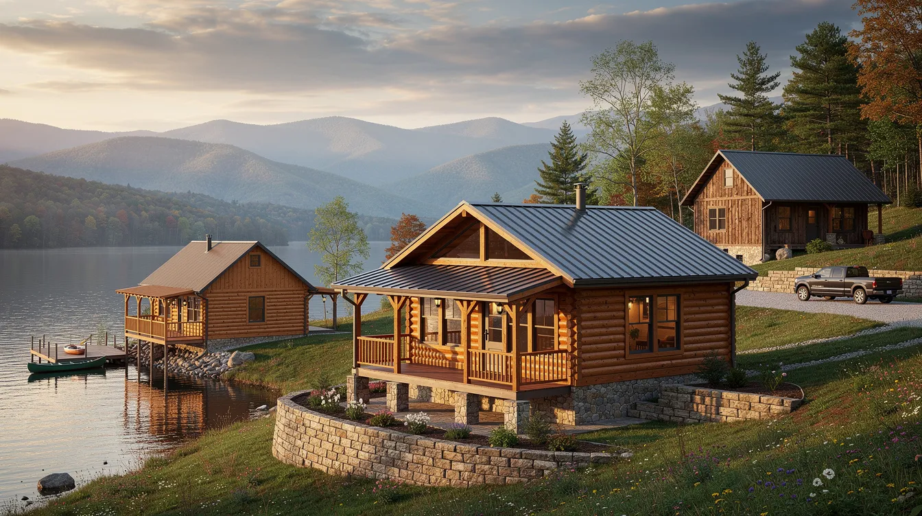 C457a35fd5ef49f48fa93a2505282b40 The image showcases a variety of compact vacation cabin models ranging from 500 to 1200 square feet designed for Virginia mountain lots and lakefront properties These beautiful log cabins are perfect for weekend retreats or as hunting cabins emphasizing quality and customization for a comfortable lifestyle in the Appalachian region