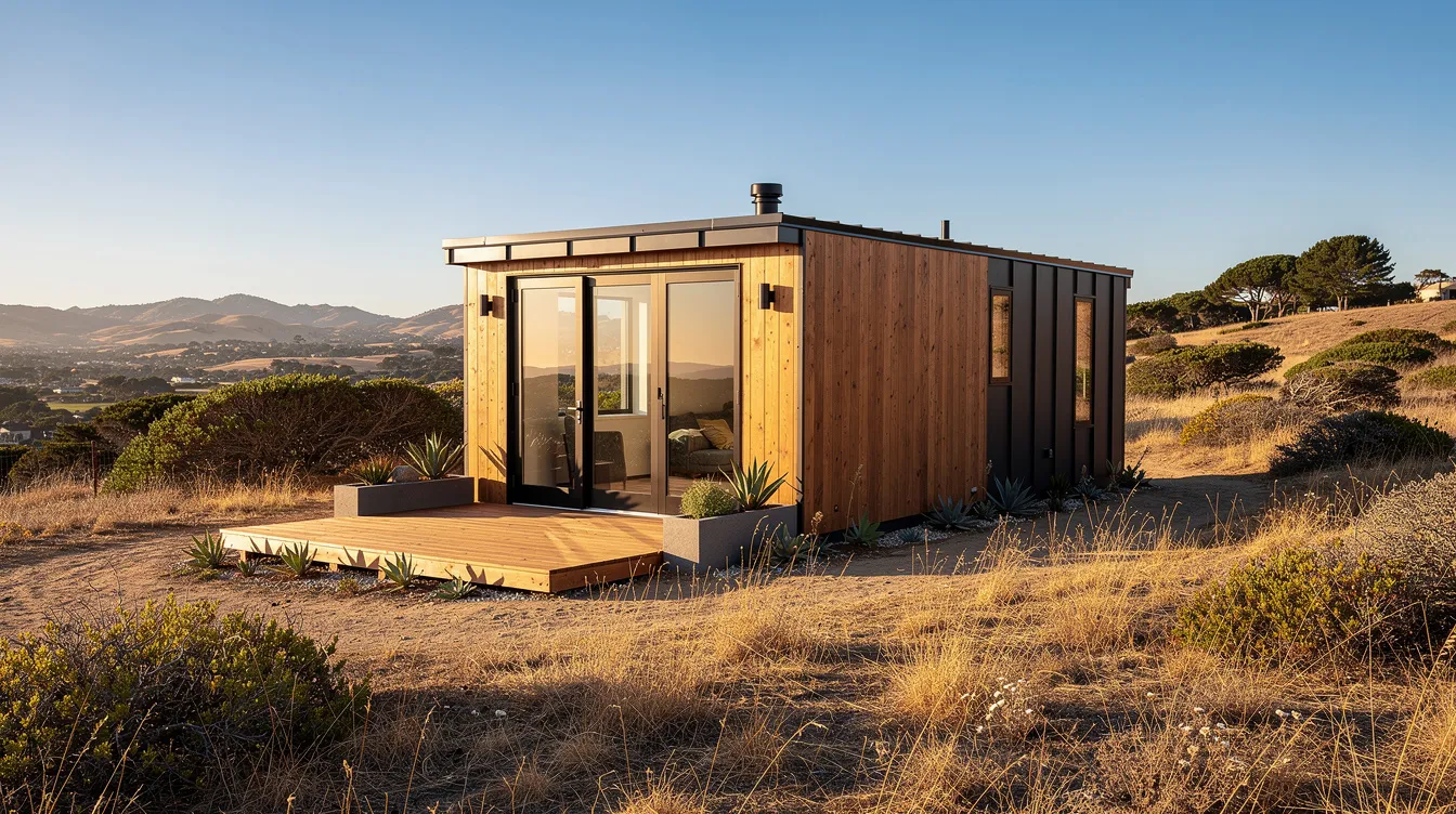 C527f93faddd4bd4a42c7452064c7416 The image depicts a charming tiny house in California showcasing the essence of the tiny home movement with its efficient design and cozy outdoor space This tiny home compliant with California building codes embodies the growing trend of accessory dwelling units and offers a sustainable living option amidst the state's housing affordability challenges.