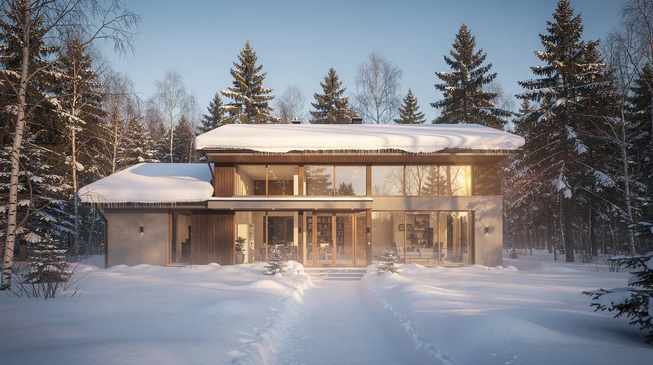 C5552ceca73443b1b3e44b6afec38673 A snow covered passive solar home constructed with recycled materials like car tires and glass features large south facing windows that reflect the bright winter sunlight Set in a wooded rural landscape of Upstate New York this Earthship design showcases the innovative biotecture principles of Michael Reynolds emphasizing sustainability and energy efficiency