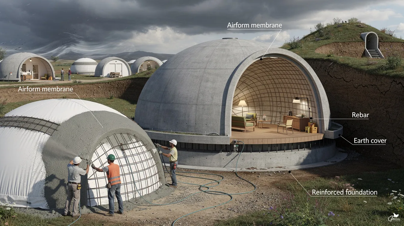 C760f6a0f8424b67b89f2a5454ae9b25 The image showcases a monolithic concrete dome home featuring a seamless aerodynamic shell that exemplifies energy efficiency and durability This innovative structure often used in dome house kits is designed to withstand extreme weather conditions while providing a unique living space