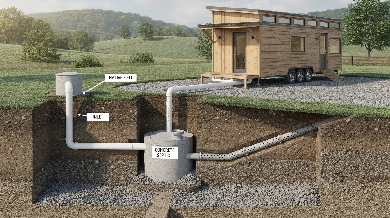 C7d3787454a94cbe939d23c3bcaa9a0b The image depicts a compact septic system designed for tiny houses showcasing septic tanks and a drain field setup in a small outdoor space This system is ideal for off grid living incorporating features like a pressure tank and options for composting toilets ensuring efficient waste management and water supply for tiny home owners
