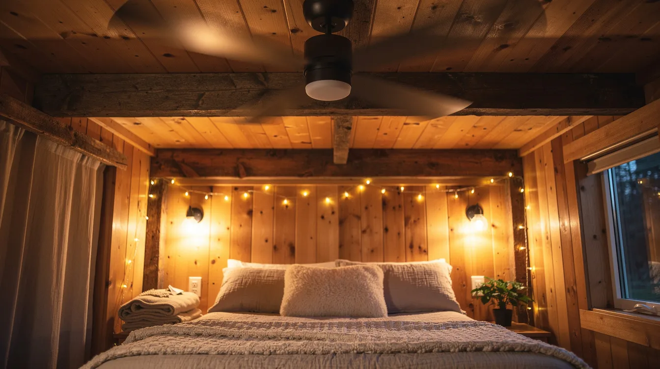 C8146e4aef604f50ae9ee70f3a3ffe00 A compact ceiling fan spins quietly in a lofted tiny home bedroom featuring exposed wooden beams and warm ambient lighting This efficient cooling option enhances air circulation creating a comfortable temperature in the cozy space