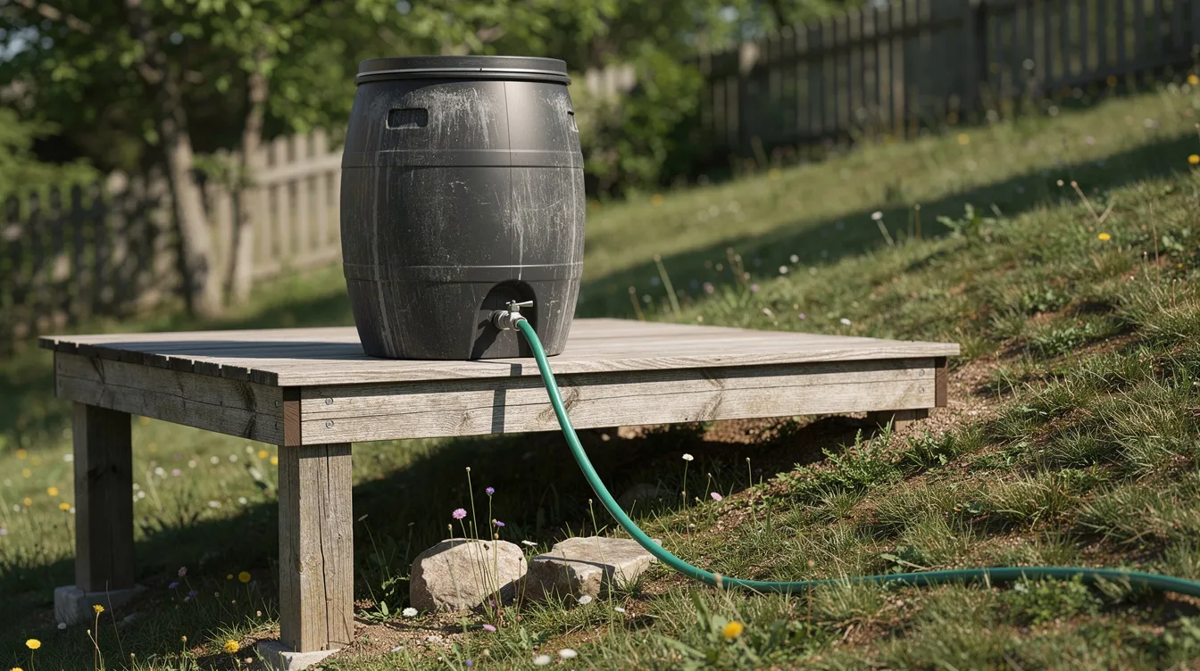 C83686bd188640119f53a4cbc9a4b064 The image features an elevated wooden platform supporting a dark water barrel which is connected to a hose that runs downhill suggesting a simple off grid outdoor shower setup This arrangement allows for easy access to water ideal for refreshing cold showers in a natural setting