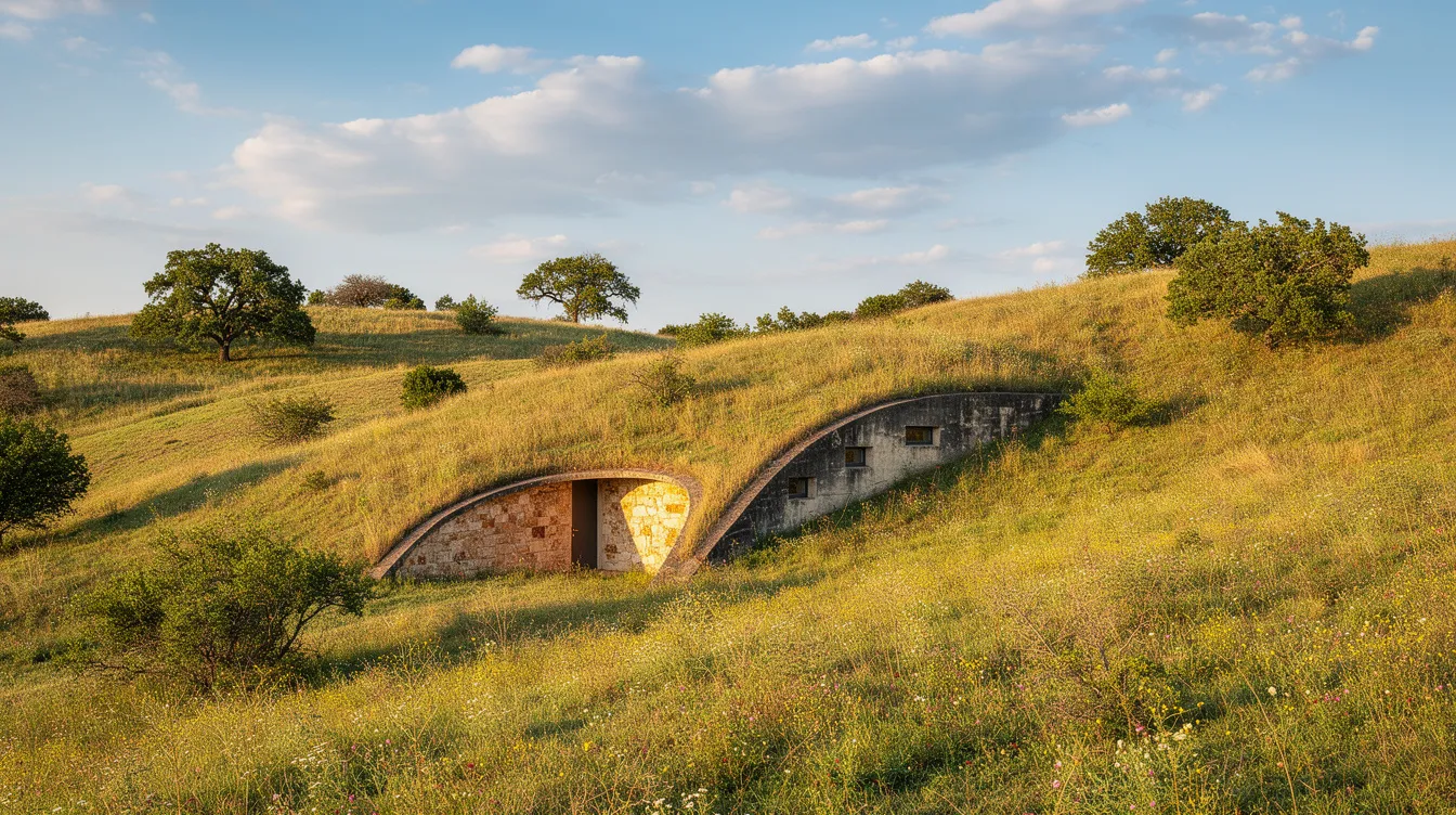C87d646b3c5545569015ca62d9bf0a98 The image depicts a picturesque Texas hillside covered with native grasses featuring a partially buried earth sheltered home that blends seamlessly into the landscape Above a bright blue sky with scattered clouds complements the energy efficient design of this underground structure which is ideal for maintaining comfortable temperatures year round
