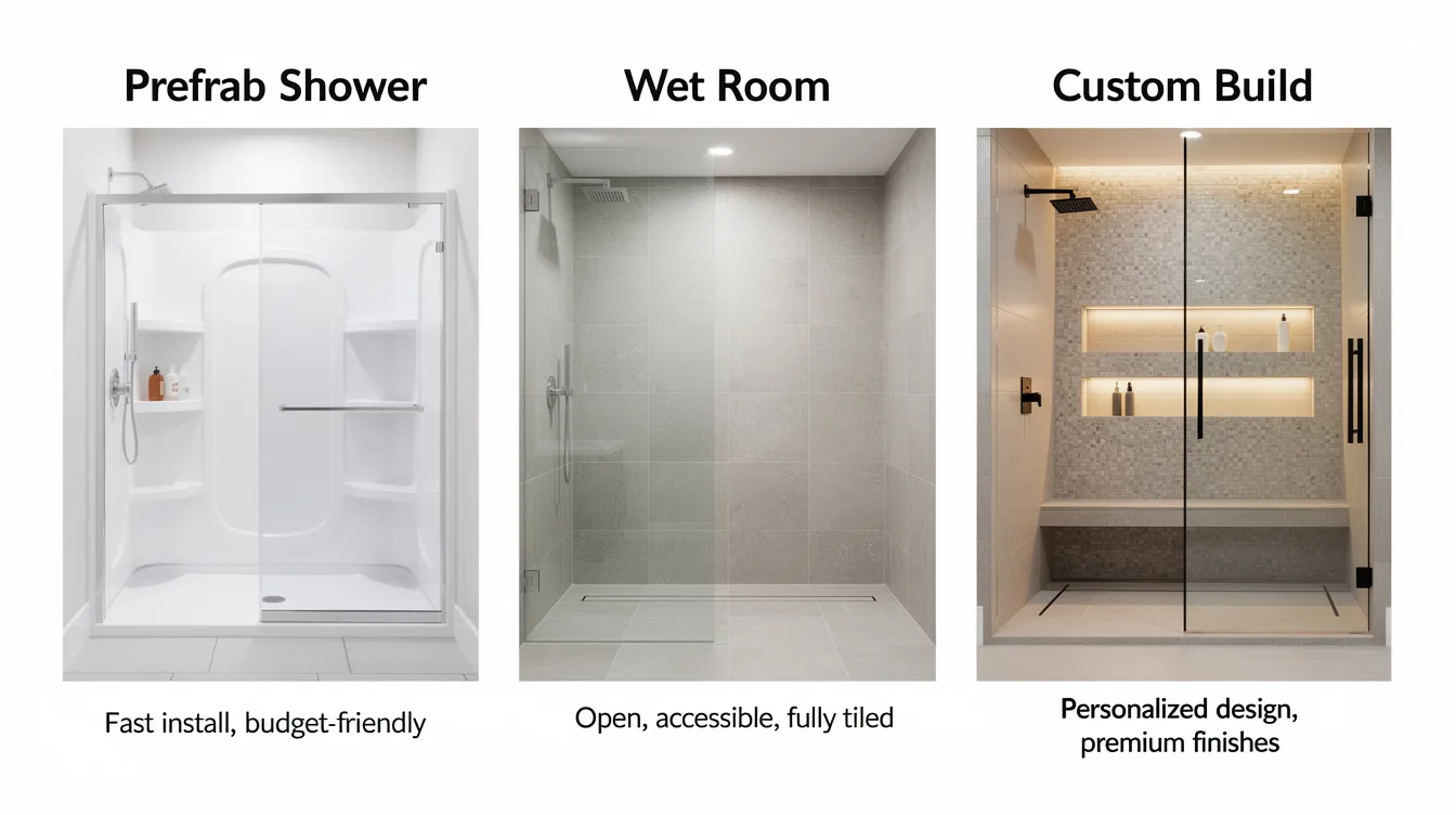 C8e382f0d51d40ed8292501d840be474 The image depicts various options for shower types in a tiny house bathroom showcasing a wet room with a frameless glass door a prefab shower unit and a custom built shower area The design emphasizes functional shower ideas and efficient use of bathroom space ideal for tiny house owners looking to optimize their tiny home bathroom design