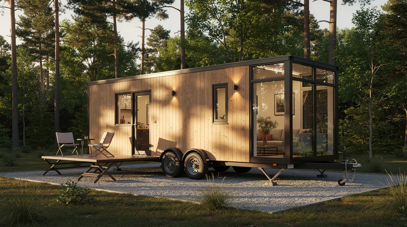 C92ad9b96bc64bb7a9f779095025ff30 The image showcases a tiny house trailer featuring a sturdy trailer frame designed for optimal balance and towing characteristics This dedicated tiny house trailer is equipped with a flat deck and proper axle placement ensuring a solid foundation for a future tiny home build