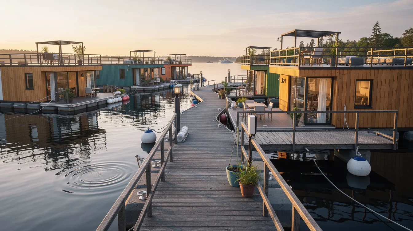 C943fdc9a3cc42f28f21b4ff8353a143 The image depicts a charming floating home neighborhood featuring several tiny houses connected by wooden docks and walkways all situated on tranquil water This vibrant community showcases the unique lifestyle of living in floating tiny homes emphasizing a harmonious blend of nature and modern design