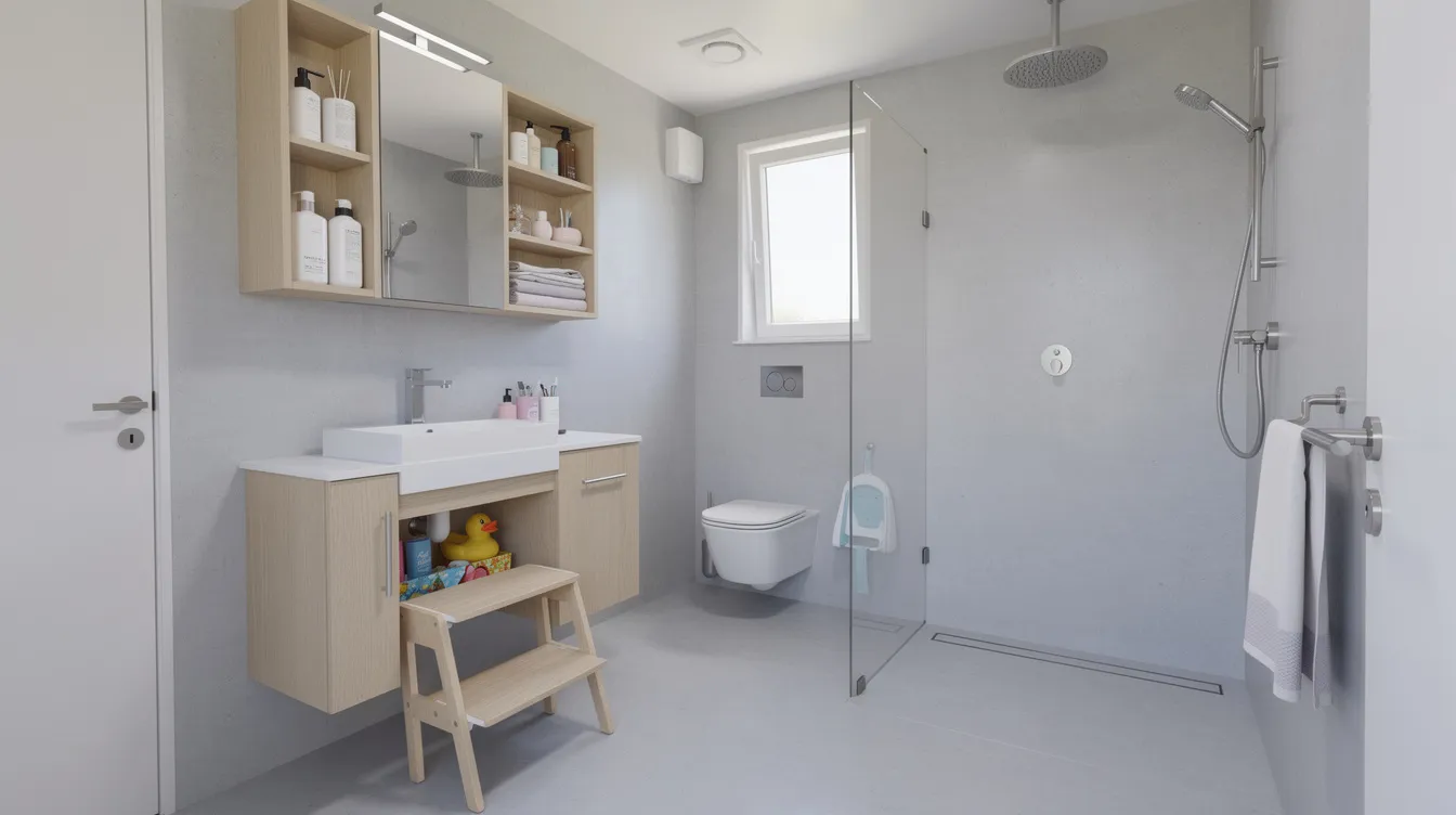 Ca9cb0b7bbc140048bb534ef3d068857 The image depicts a compact bathroom designed for families featuring a wet room style with a continuous waterproofed floor a child height sink and a walk in shower This efficient layout maximizes space in a tiny house ensuring that both parents and kids can comfortably use the bathroom with clever storage solutions integrated into the cabinetry