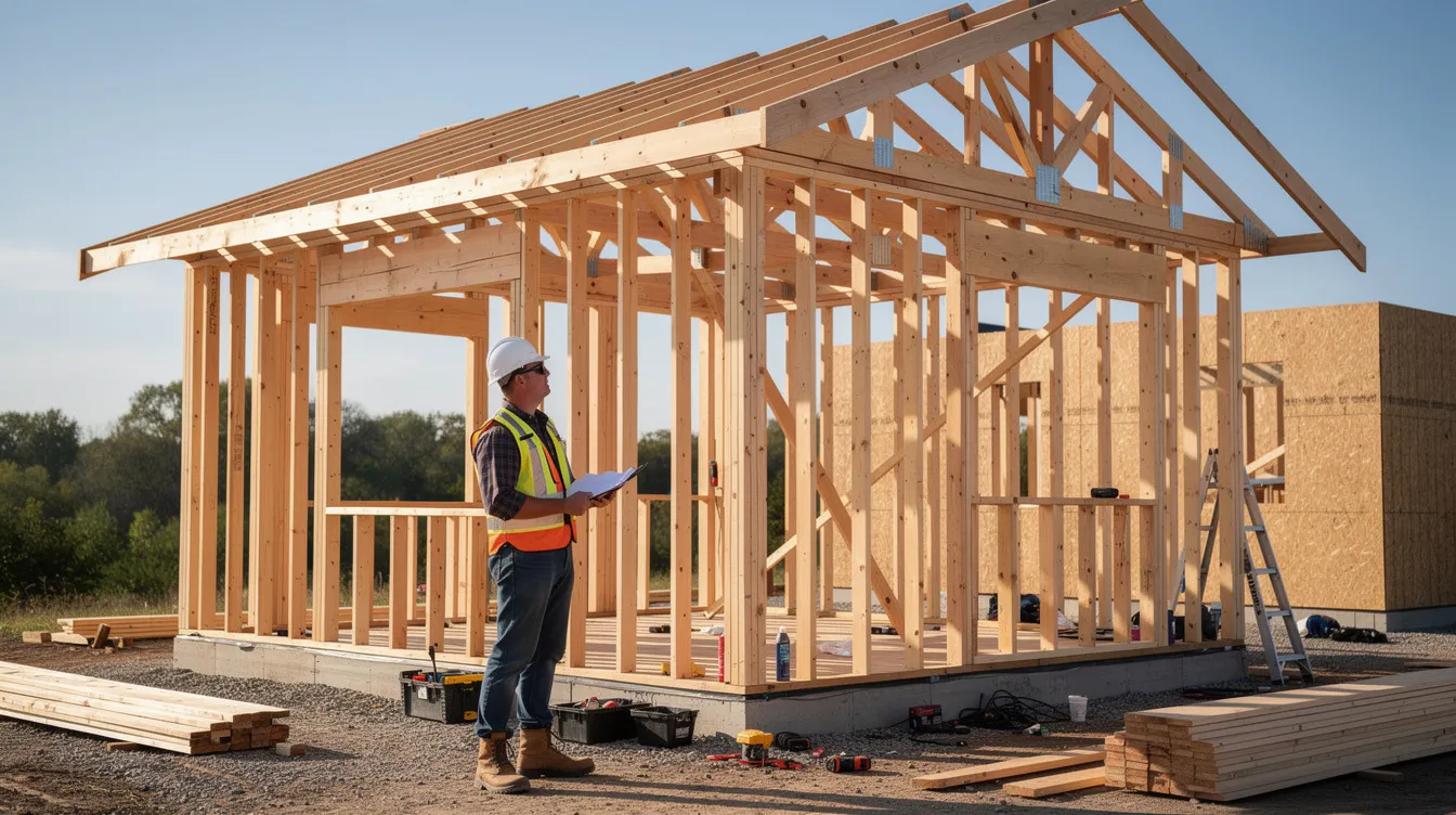 Cdb53eabc53742ee942648d1de3ba165 A construction professional is inspecting the wooden frame of a tiny house that is currently under construction ensuring it meets local building codes and regulations This careful planning is essential for compliance with zoning laws and obtaining the necessary building permits for tiny homes