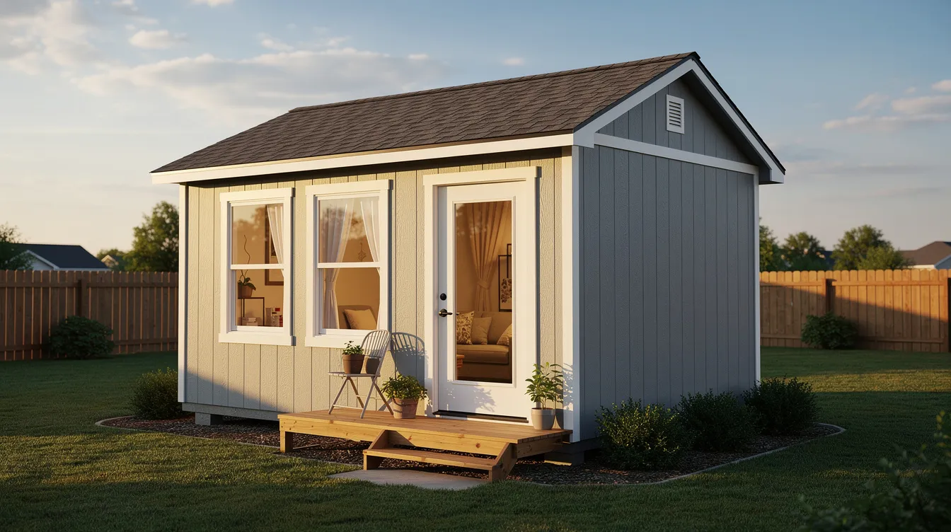 Cea433f9f786415d9bf173ae4d691f76 A Tuff Shed tiny house is displayed showcasing a compact and cozy structure with a painted exterior a porch and large windows that invite natural light This portable building is designed for versatile living offering an efficient use of space making it an ideal option for those interested in tiny home living or seeking a storage shed solution