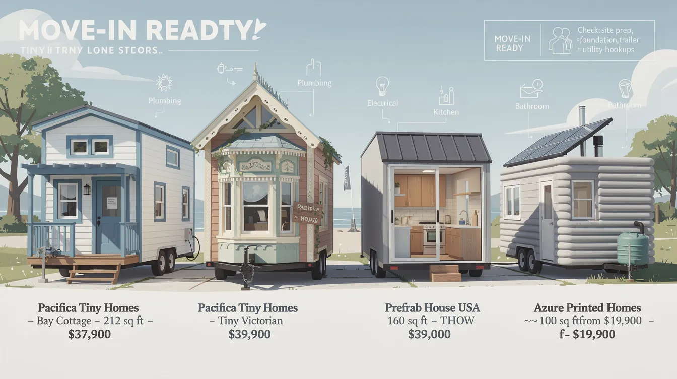 Cf2f0a48fd9547d288b2483e5a5b503e The image showcases various move in ready tiny homes priced between 000 and 000 highlighting models like the Bay Cottage and Tiny Victorian which feature complete kitchens bathrooms and modern finishes These tiny homes under 40k offer turnkey convenience with options for off grid capabilities making them ideal for those searching for compact living spaces