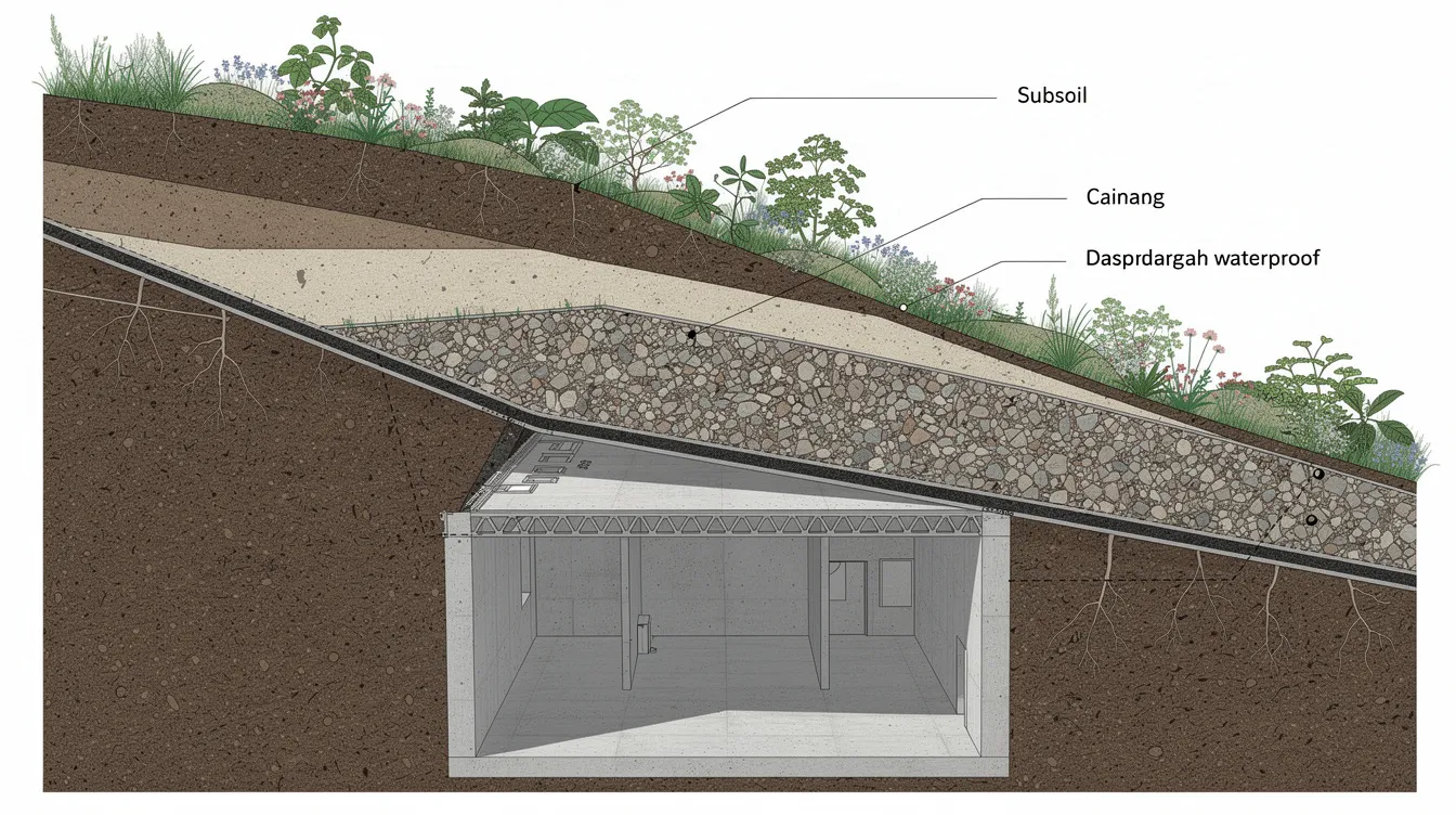 Cfbd2861592f4745b0e9af62f093161c This cross section view of a hillside reveals the layers of soil drainage gravel and a waterproof membrane showcasing a concrete vault structure beneath a green roof which is characteristic of energy efficient earth sheltered homes The design illustrates how such houses blend into the natural environment providing a sustainable living space that minimizes heat loss and energy consumption