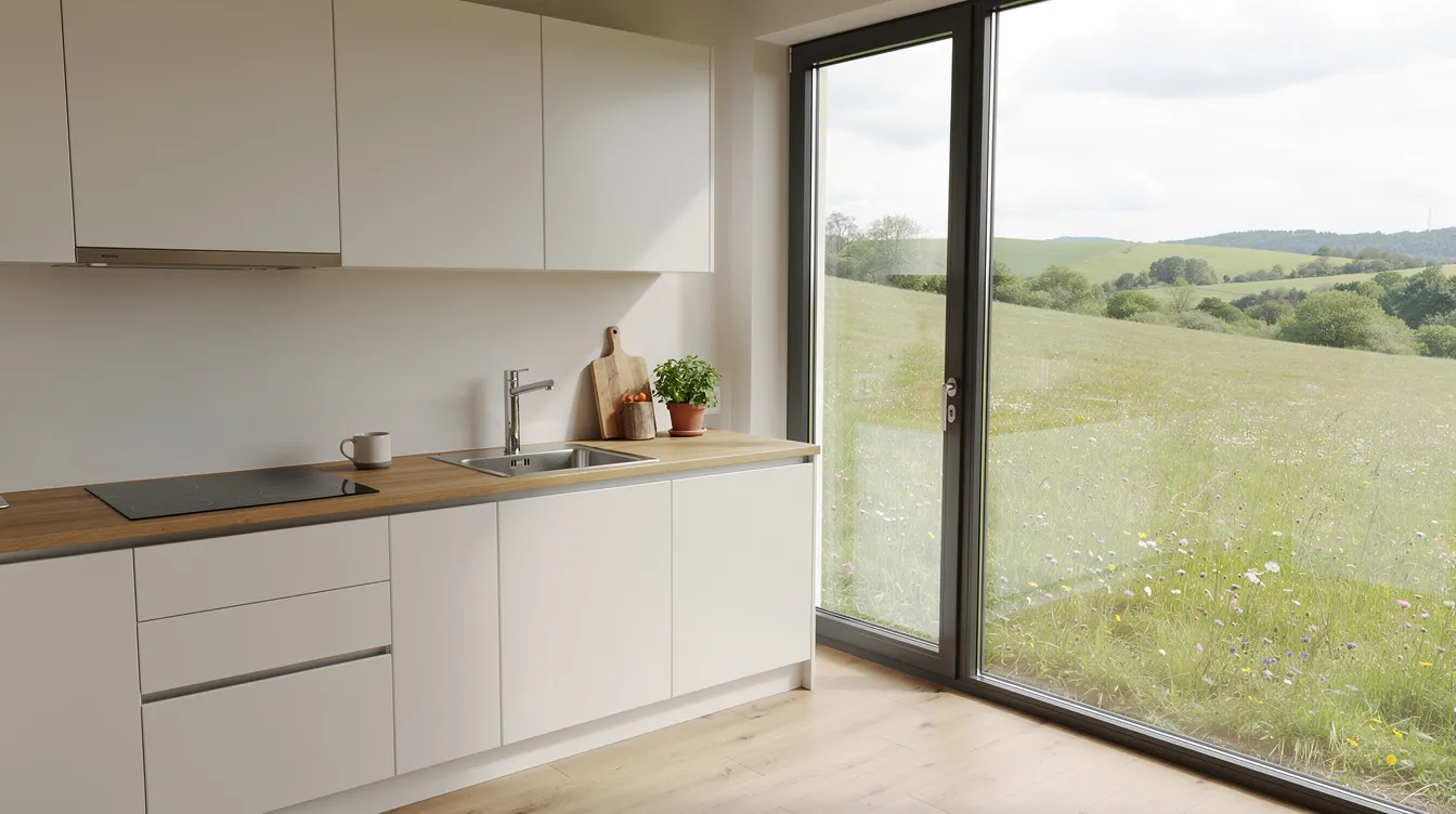 Cfd3fef7d9a549178b9bcd9d5f2477fa The image showcases the interior of a compact kitchen in a tiny home featuring warm wood countertops and large windows that offer a scenic view of a meadow This modern design emphasizes energy efficiency and quality craftsmanship making it a perfect solution for those seeking a spacious yet cozy lifestyle