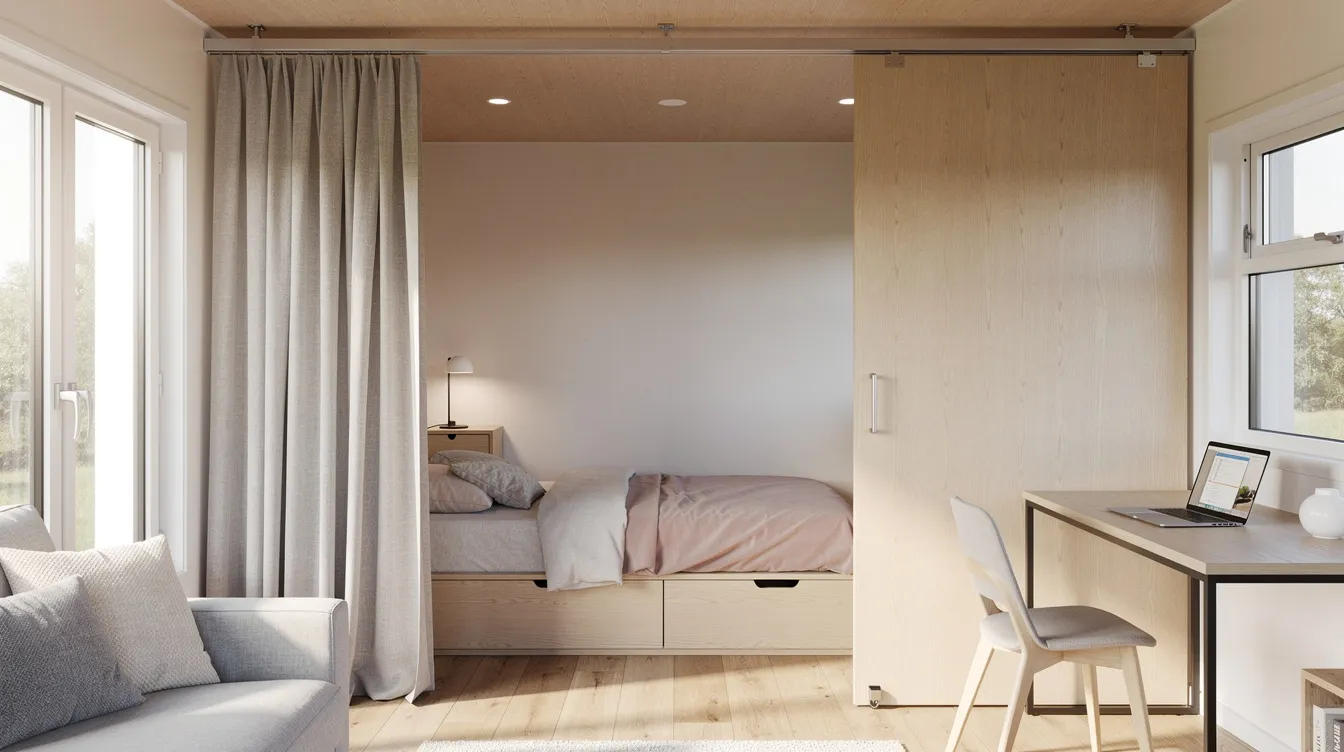 D0097b40ddfb44e7affe825c17accc66 The image features a modular room divider system that includes movable walls curtain systems and sliding partitions allowing families living in tiny homes to create flexible spaces like separate bedrooms or a home office This design promotes privacy when needed and openness during the day making it ideal for growing families in small spaces