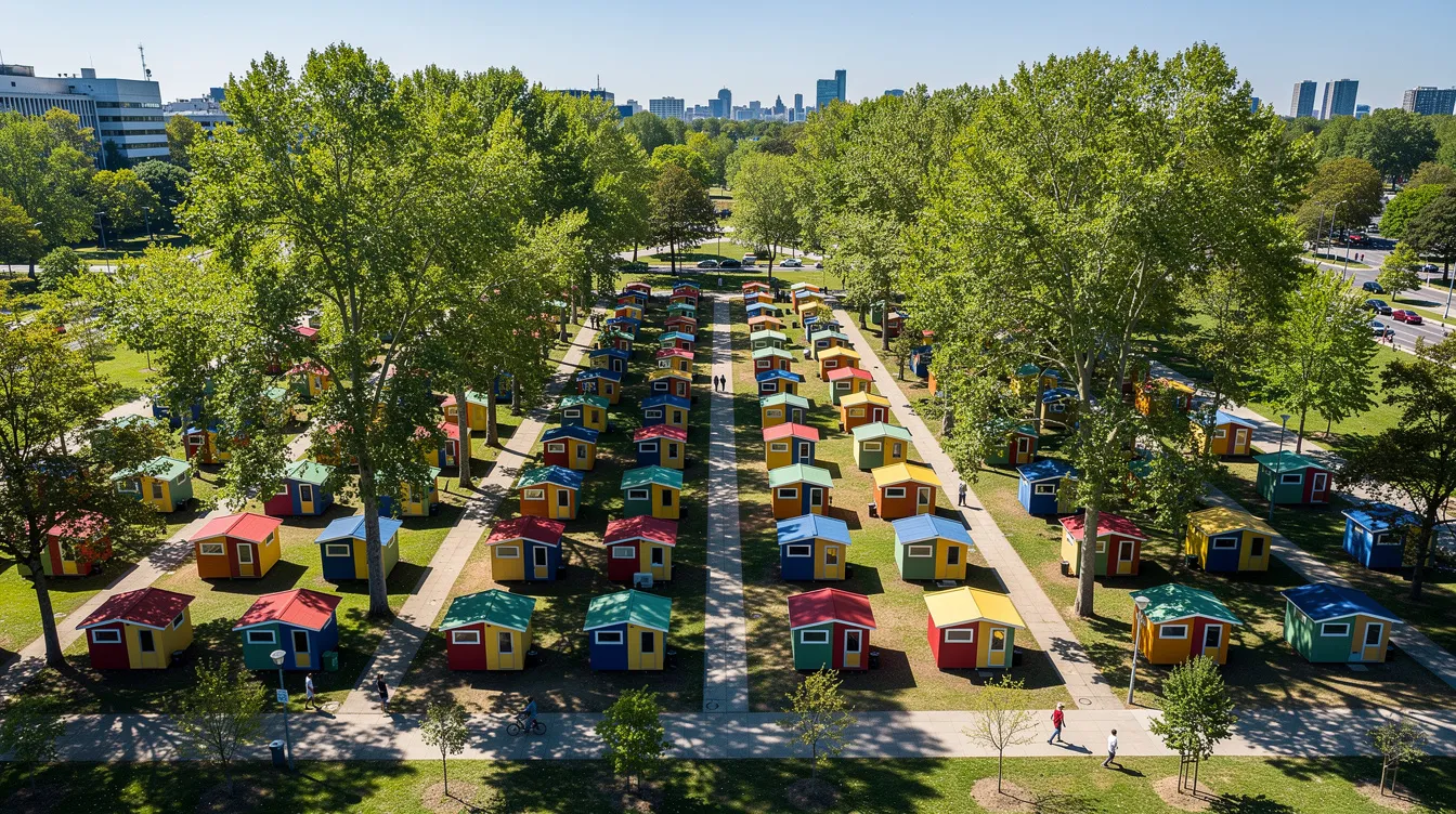 D014b7a2c56445229377c5b6a5d6a96d An aerial view captures the vibrant rows of tiny homes in the Alexandria Park tiny home village nestled along tree lined pathways in a sunny urban park The colorful shelters provide permanent housing solutions for individuals experiencing homelessness creating a sense of community and hope in North Hollywood