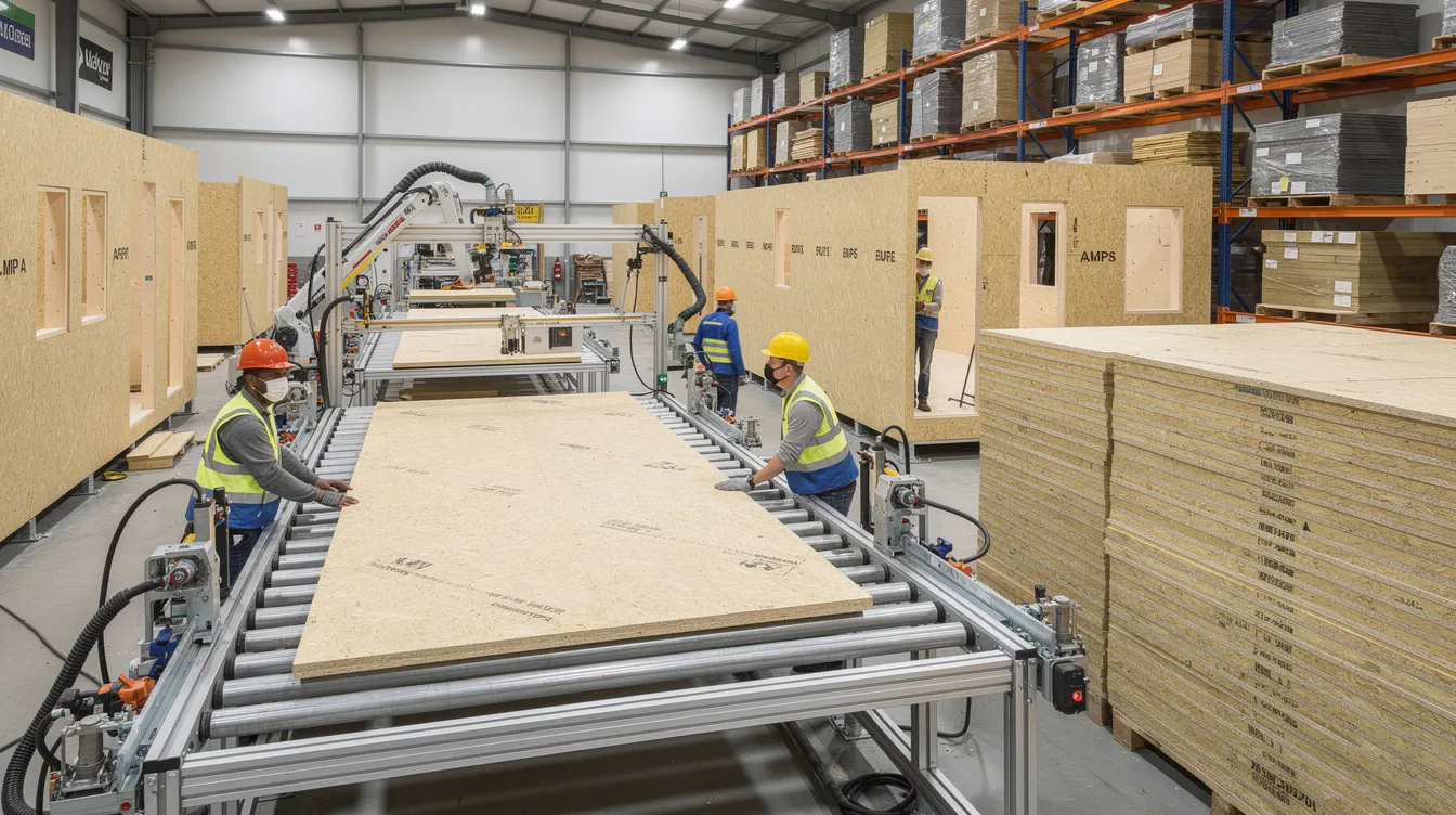 D10a0c5749b24759a7e6299a39ae2319 The image depicts a factory production line where workers are assembling modular wall panels for tiny homes showcasing the next generation of tiny houses The scene highlights the efficient construction of structural insulated panels emphasizing the sustainable living movement and the endless possibilities of compact homes designed for modern lifestyles