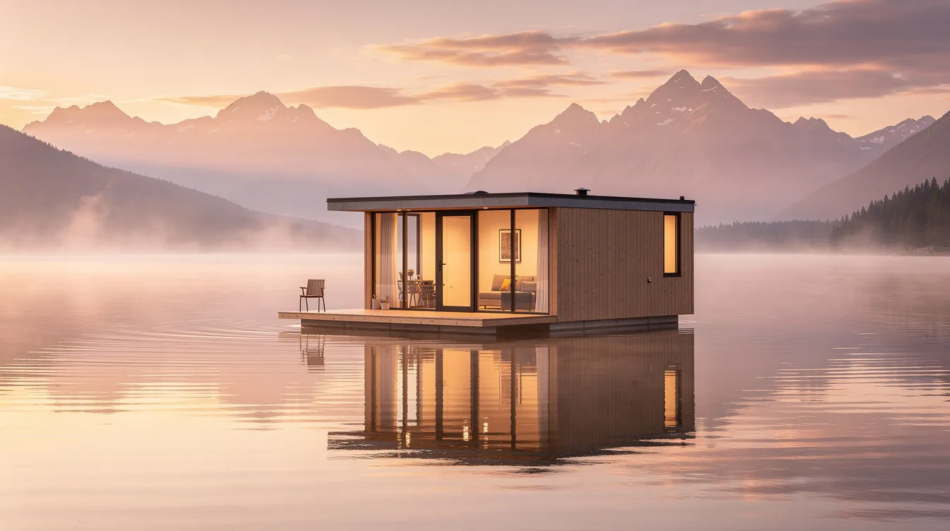D122afcdce044563a5ad4ebd8ec227ed A serene floating tiny home rests on calm water at sunrise with majestic mountains rising in the background This peaceful scene captures the essence of tiny living amidst nature showcasing a harmonious blend of water and land