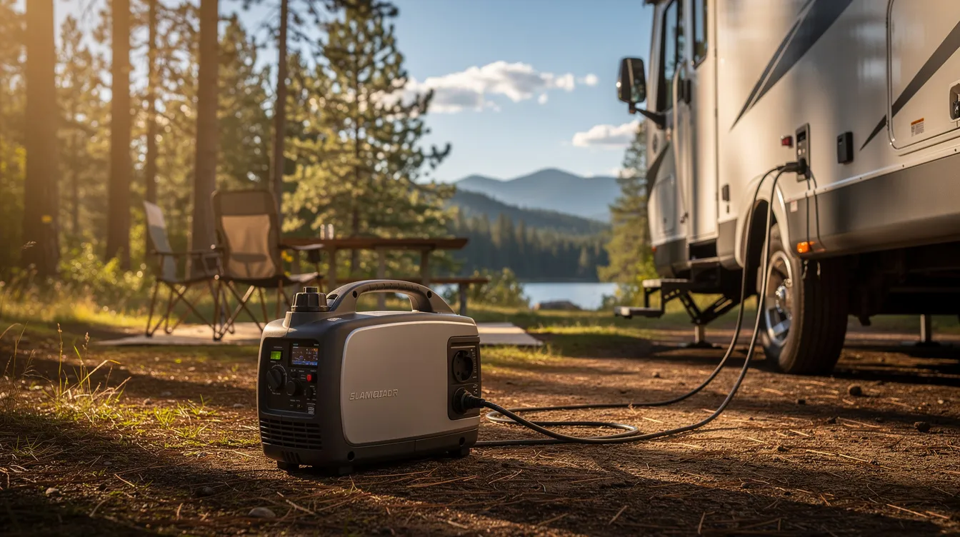 D14abbb25a08495fb3f4850b8c862ab8 A portable inverter generator is connected to an RV at a scenic campground providing quiet operation and enough power for sensitive electronics The generator designed for fuel efficiency is ideal for camping trips and emergency situations ensuring reliable electricity for lights and appliances