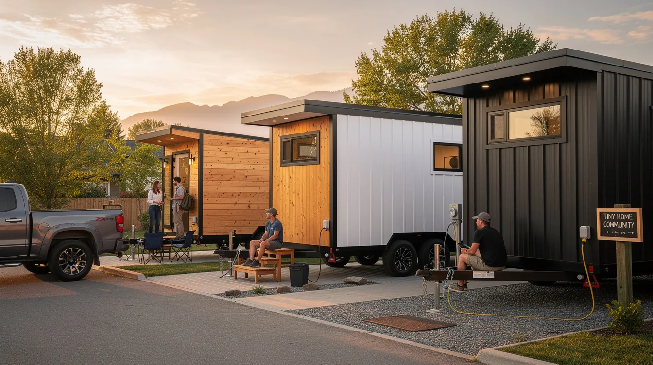 D1c59dce0ef54304a9ec8360ff72e31b The image showcases a collection of tiny homes on wheels highlighting their modern design and mobility Each tiny house features quality craftsmanship and is built on durable steel trailers making them road legal and ideal for a flexible lifestyle