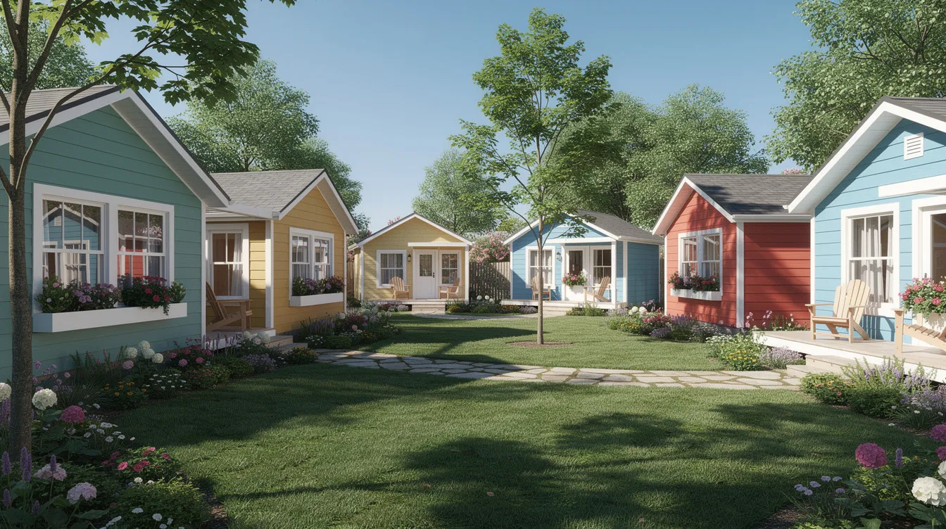 D2278c4516f244079a672d1d9113e46e The image depicts a vibrant tiny home community featuring a cluster of small colorful cottages surrounding a shared green courtyard perfect for fostering neighborly connections and outdoor activities This inviting space embodies the essence of tiny living promoting a lifestyle that embraces community nature and affordable housing options