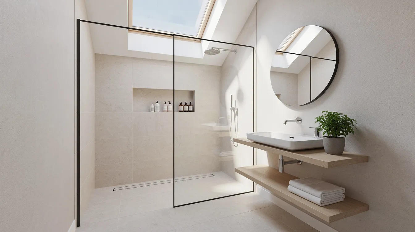 D284614eaa604955b47cea8be86cffcc The image depicts a beautifully designed tiny house bathroom featuring light colored walls a round mirror above a wall mounted sink and a skylight illuminating the shower space This small bathroom design maximizes natural light and offers ample storage solutions making it a dream tiny house bathroom