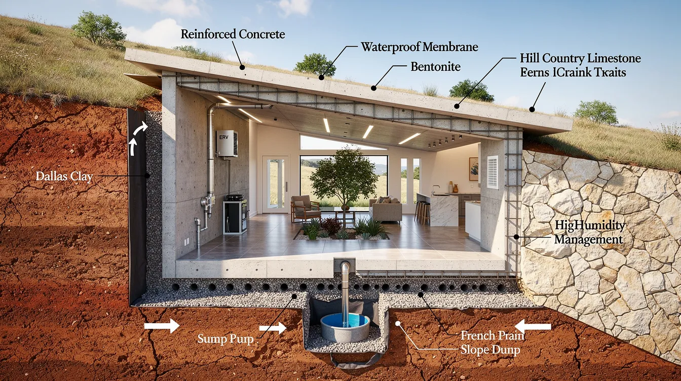 D33d6a2f90184b6a971ba9309512942c The image depicts a conceptual design of an earth sheltered home in Texas showcasing a monolithic dome structure partially embedded in the ground The design emphasizes energy efficiency with features like solar panels large windows for natural light and a well planned drainage system to manage moisture illustrating a sustainable and comfortable living environment