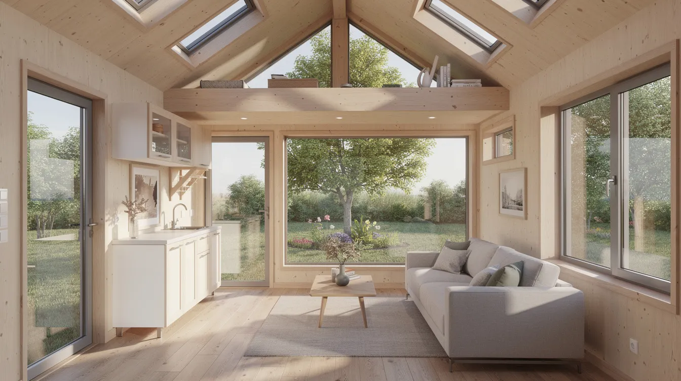 D3987a694e524b1895c3401e35d932a3 The image showcases a beautifully designed tiny house interior that emphasizes spaciousness through high ceilings and large windows Natural light floods the open living space creating an inviting atmosphere while the light toned walls and continuous flooring enhance the feeling of expansiveness in this efficient small house