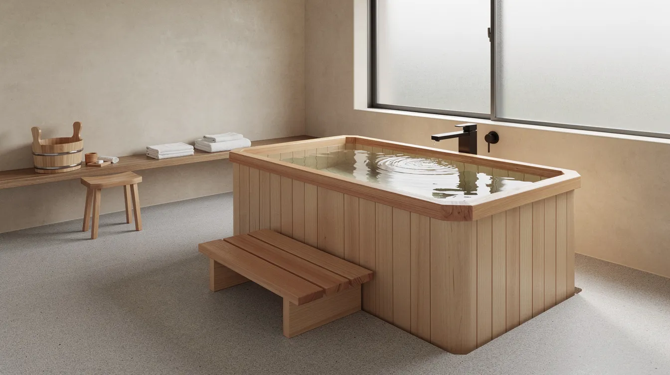 D3c604a87d1f4a7c91716f6d3cabc844 The image features a deep compact Japanese style wooden soaking tub nestled in a minimalist bathroom illuminated by natural light streaming through large windows This serene space showcases the beauty of tiny living highlighting creative solutions for small bathrooms while emphasizing the appeal of a peaceful soaking experience