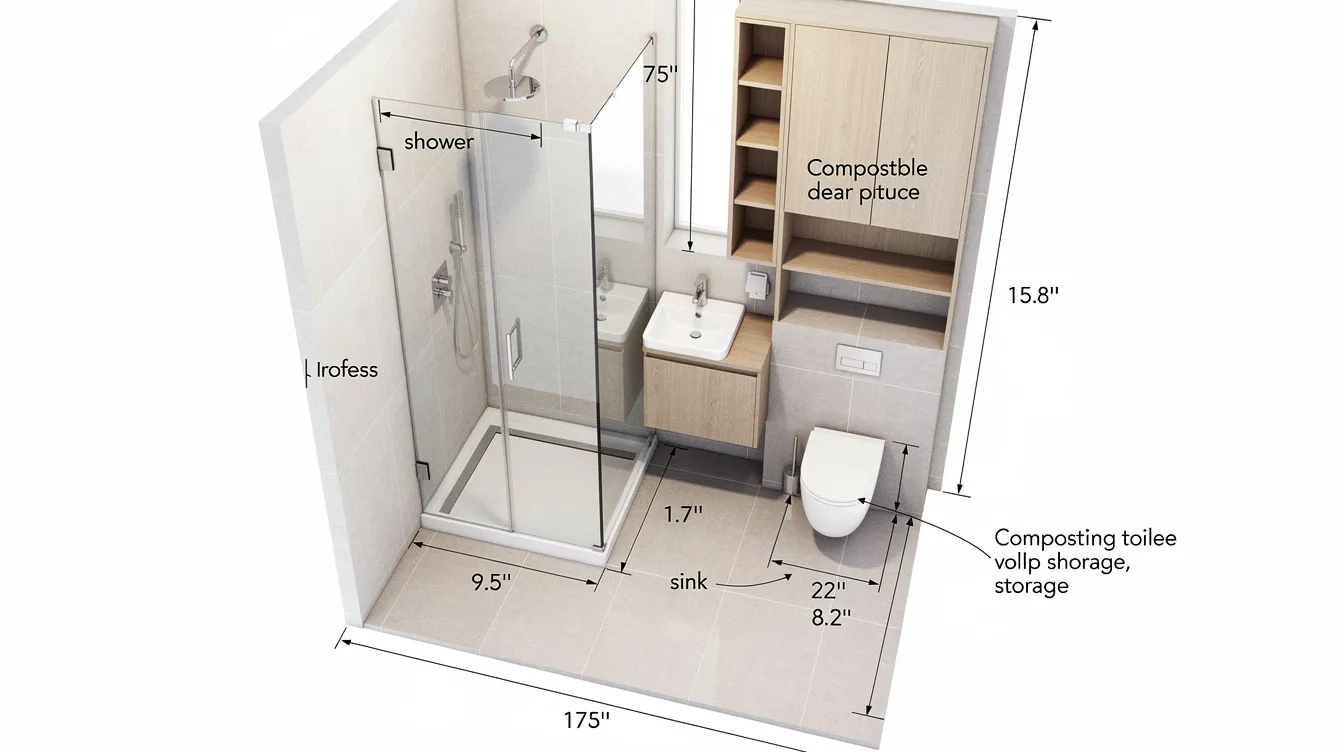 D3e5ff5eb3c244bea5049f01584cf62b The image depicts a compact tiny house bathroom design that integrates a walk in shower composting toilet and small sink all carefully arranged to maximize storage space and save floor space The layout showcases functional elements like wall mounted storage and floating shelves creating an airy feel while ensuring efficient use of the entire bathroom area