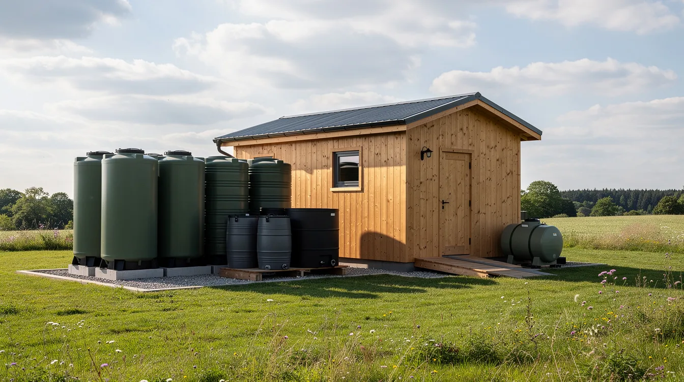 D4f7ba169bfb4b909276caaf91c75154 The image shows several water storage tanks of different sizes positioned next to a small wooden tiny house on a grassy area This setup illustrates an off grid water system highlighting the importance of water storage for daily needs like washing dishes and maintaining the tiny house's plumbing system.