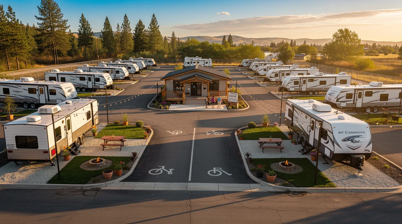 D560f7b2cc5445cfa54f7156158cfcf0 The image depicts a vibrant tiny house community within an RV park showcasing a variety of colorful tiny homes nestled among nature with residents enjoying their outdoor spaces This welcoming community offers amenities and opportunities for tiny living inviting visitors to explore the charm of this unique lifestyle