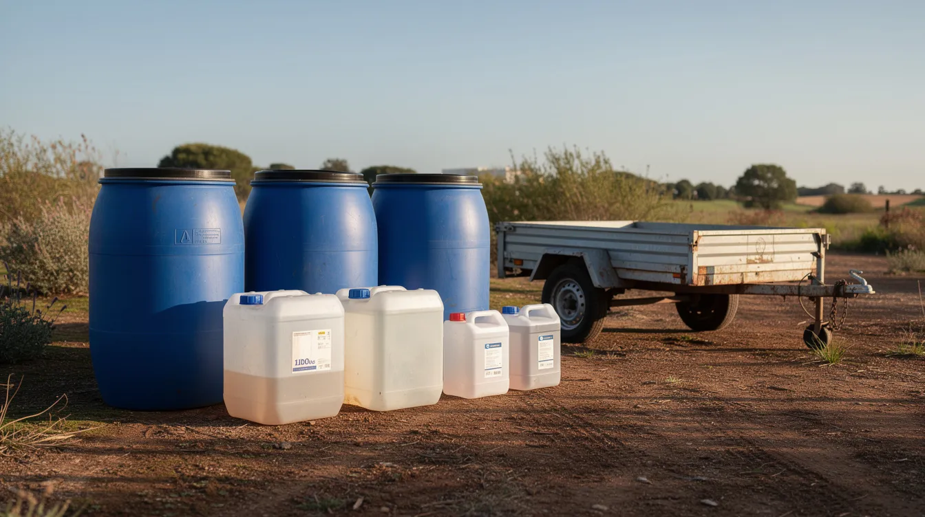 D741b889eff0405283005cebfb247938 The image shows several plastic water storage containers of different sizes arranged outside next to a small trailer ideal for tiny house living These containers can serve as a water supply for off grid systems supporting plumbing needs like drinking water washing dishes and maintaining a grey water system