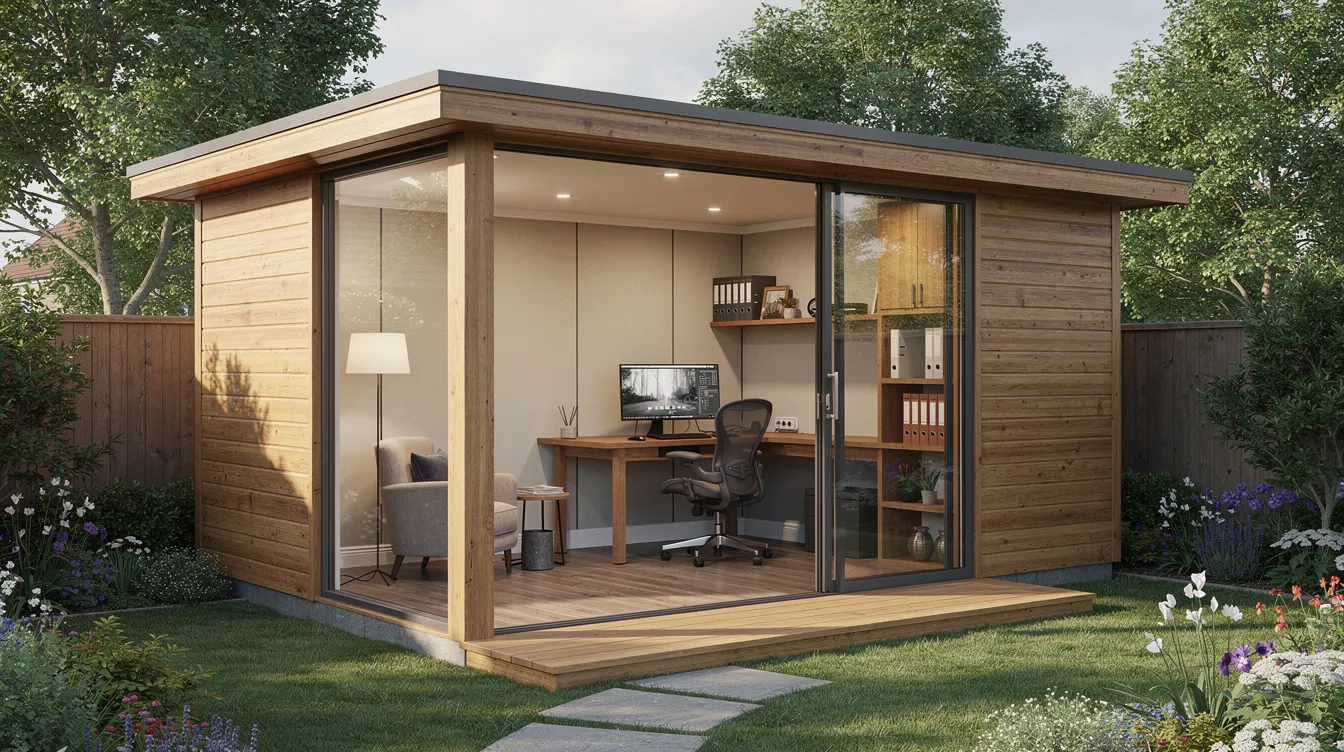 D74b72277bc642e483ac3632b7be21ab The image showcases a bespoke log cabin designed as a garden studio featuring large windows that optimize natural light and a solid timber construction This insulated space is tailored for remote work or creative endeavors with dedicated storage and professional lighting transforming unused garden space into a functional room that meets the exact needs of its users