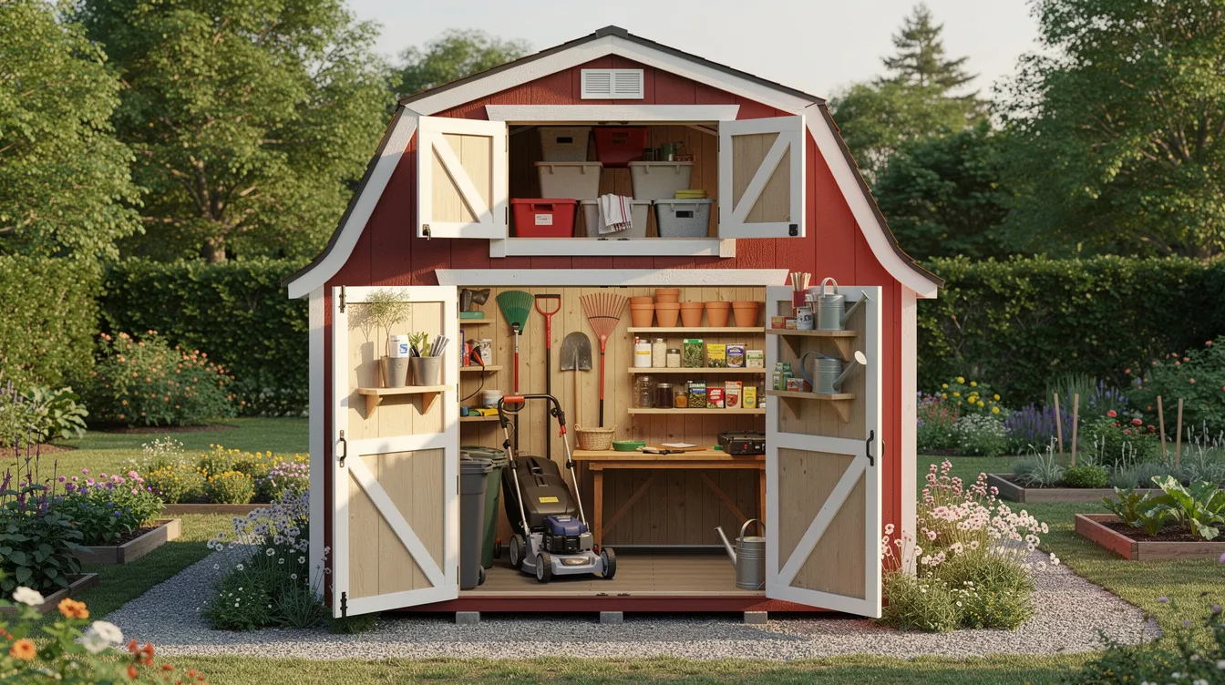 D7be06227b88464dbfb1315106dd1ff9 The image features a classic barn style shed with a distinctive gambrel roof providing extra room for storage and organization This stylish vinyl shed is perfect for storing lawn equipment outdoor gear and gardening supplies making it a great solution for maximizing backyard storage space