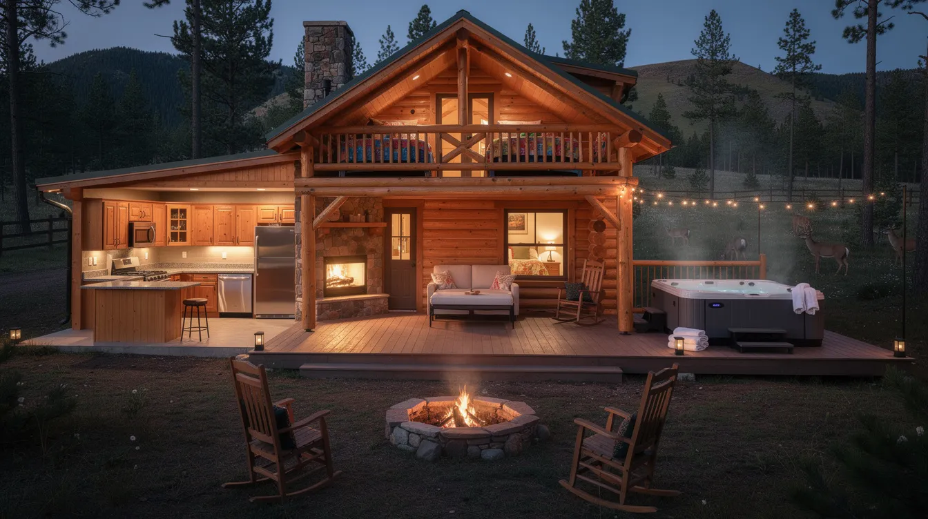 D80ef8b5d82142eb99b39b8d171557e4 A family friendly one bedroom cabin in Broken Bow like Heart's Desire, features bunk beds for additional sleeping space, a full granite kitchen, a hot tub, and a cozy fire pit, making it perfect for small families or multi-generational trips. The cabin also includes a porch ideal for deer watching, surrounded by nature.