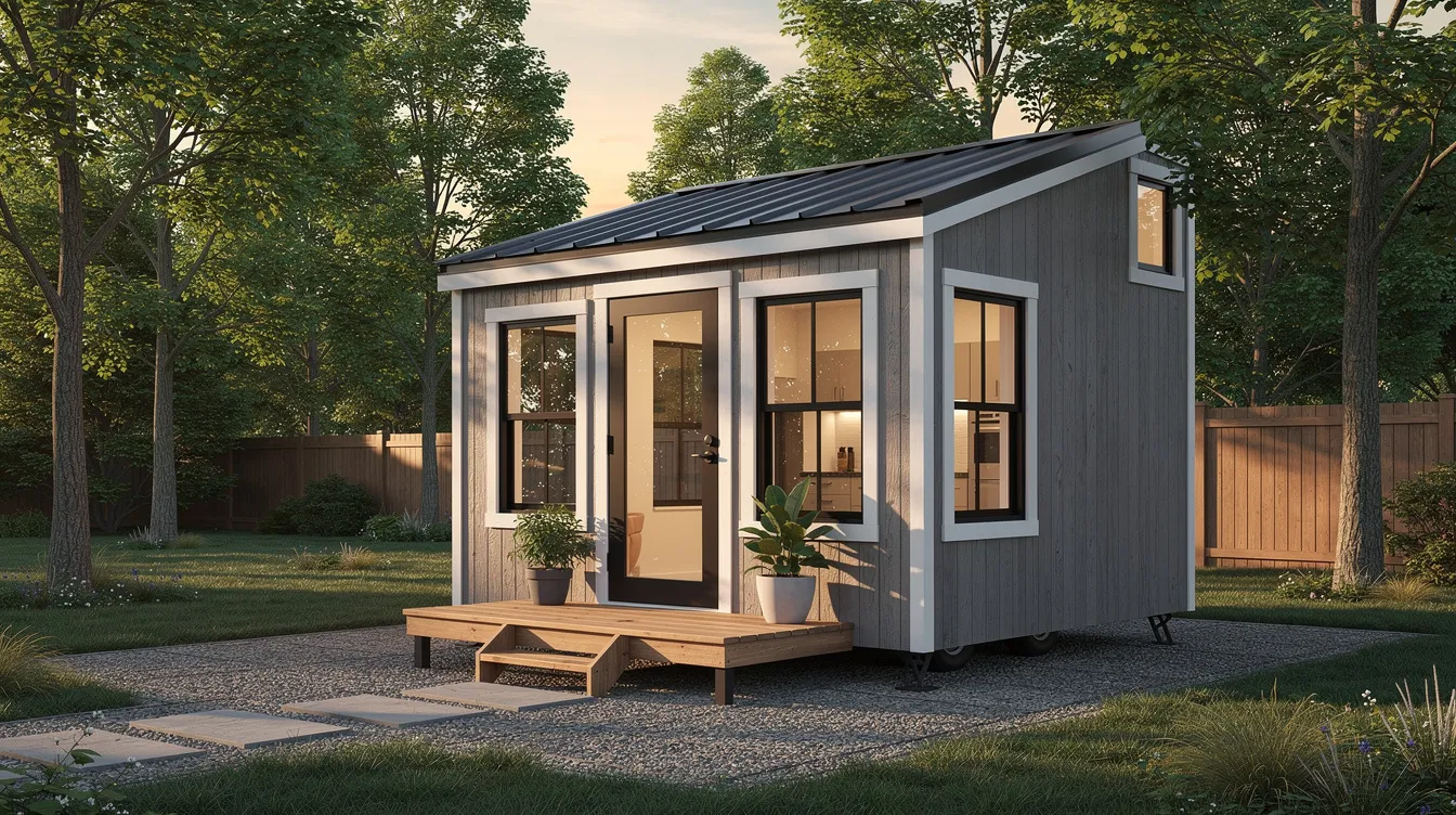 D889723c9f0146af8f1e20ea092f75d5 A Tuff Shed tiny home is showcased featuring a compact yet cozy design with painted walls and large windows that allow natural light to fill the interior This portable building includes a small porch and offers inspiration for those interested in tiny living making it an ideal choice for families or individuals looking to downsize