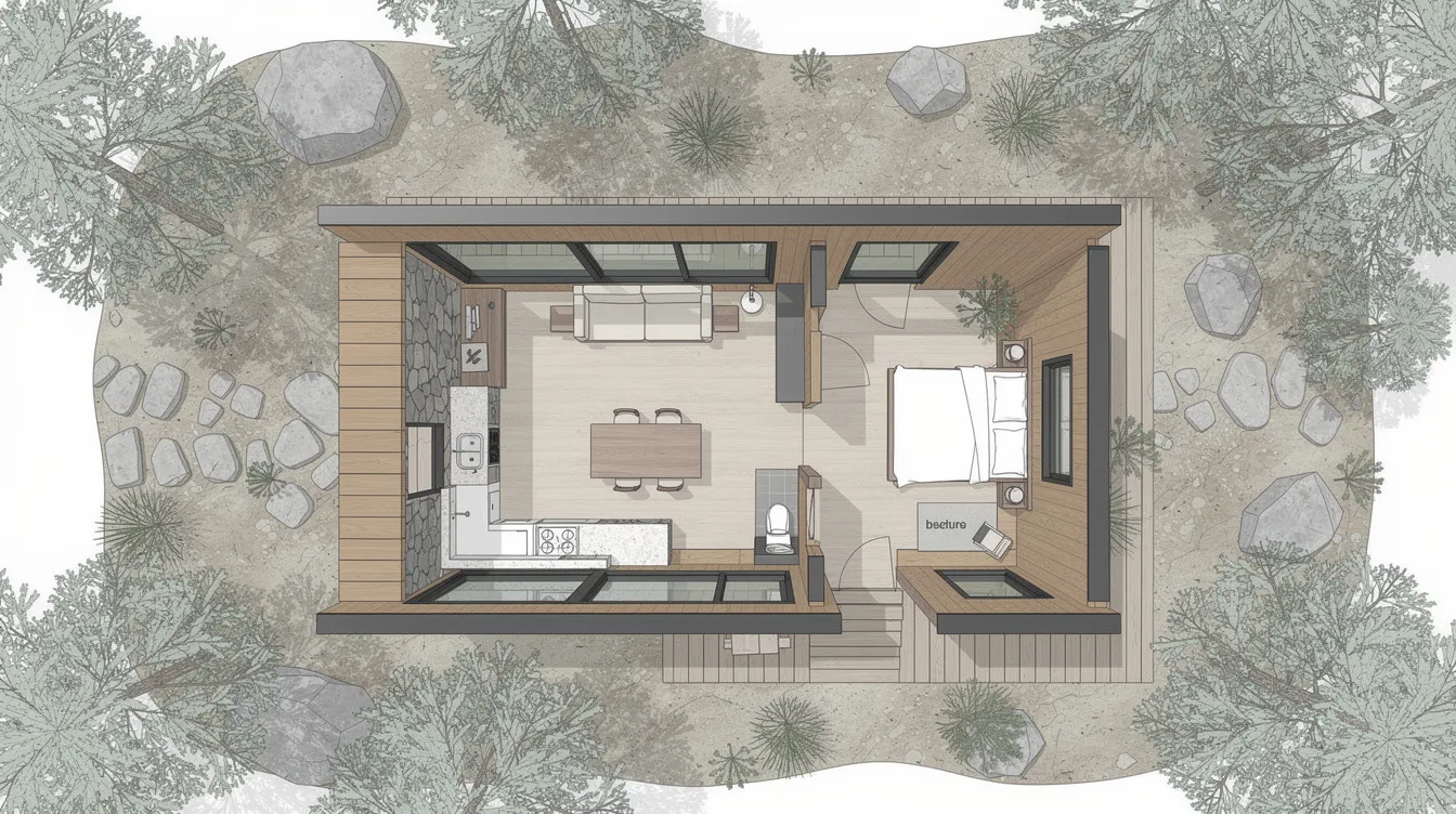D8fa0693fbd0492889597b1e5866c96b This top down image showcases modern cabin plans featuring a cozy cabin design with expansive windows that invite natural light complemented by rustic charm and natural materials like wood and stone The layout includes two bedrooms and flexible living spaces ideal for a comfortable weekend getaway or a cozy retreat in nature
