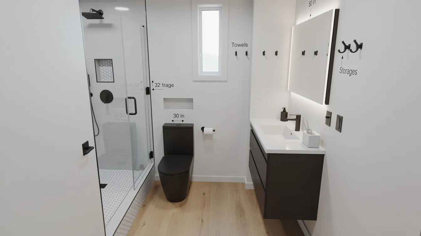 Da4c6b2e408740708ea1c63992342b8f The image showcases a well designed tiny house bathroom that maximizes limited square footage with clever storage solutions including floating shelves and built in storage Natural light floods the space highlighting the compact shower area and the small sink creating a cozy and functional dream tiny house bathroom