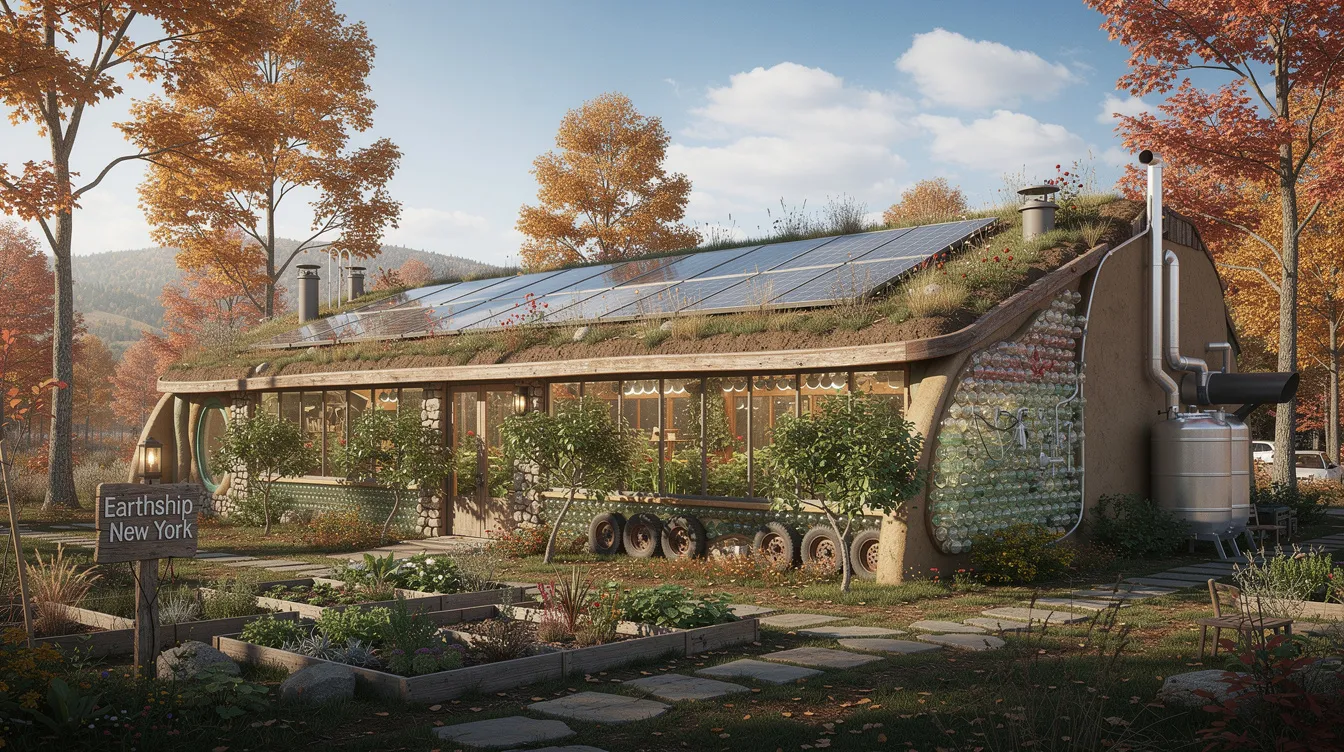 Db581cb0c6d64e0289993ca5d5090341 The image showcases the Earthship New York a sustainable home constructed in upstate New York using recycled materials such as car tires and liquor bottles This passive solar home exemplifies earthship biotecture featuring thick walls for thermal mass and a natural design that harmonizes with the surrounding landscape