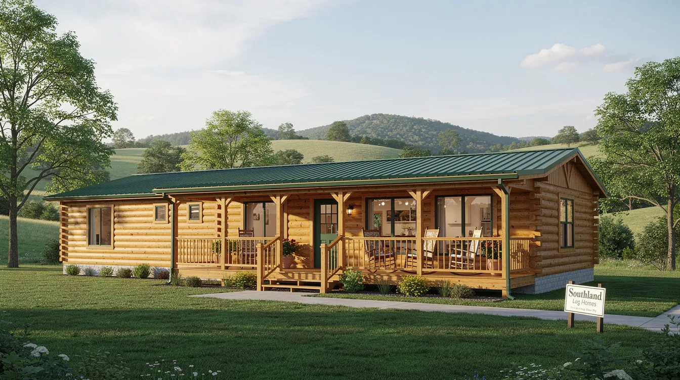 Dc97c80194c344a98947533d61391951 The image showcases a beautiful single story ranch style modular log home featuring an open floor plan with large windows that allow plenty of natural light This dream log cabin designed for comfort and accessibility is perfect for Virginia retirement communities offering 2 to 4 bedrooms and inviting covered porches that seamlessly connect the indoor and outdoor living spaces
