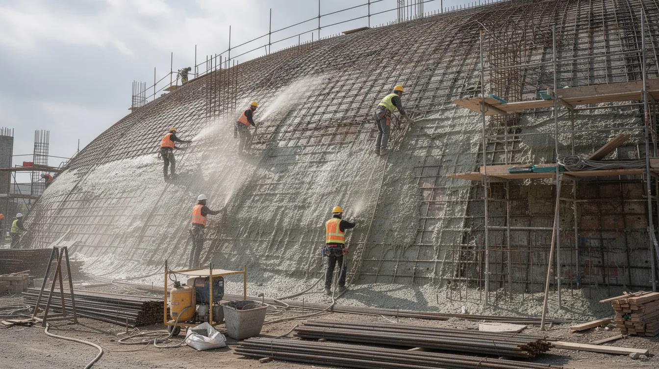 Dcd1cd3082ee4feaab6644f4402964af The image depicts a large concrete dome structure under construction with workers applying shotcrete over a curved rebar surface This monolithic dome home showcases the innovative dome construction techniques that emphasize energy efficiency and durability